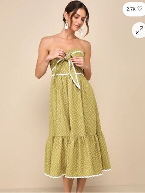 NWT Lulu's Olive Green Strapless Polka Dot Midi Dress with Tie Front